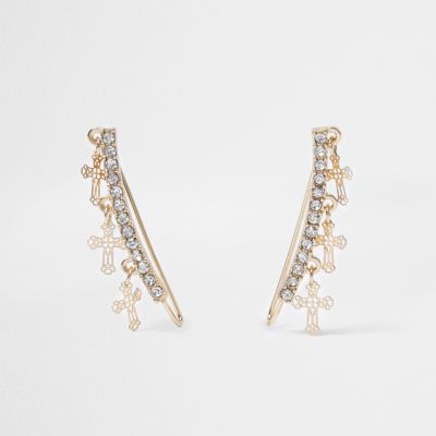 Gold tone cross diamante cuff earrings